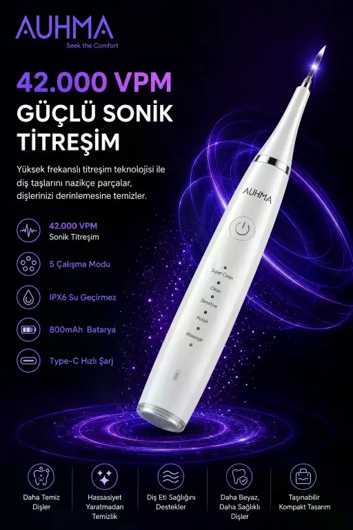 Ultrasonic şarjlı Elektrikli Akıllı Diş temizleme Cihazı Beyazlatıcı 5 Mod 3+1 Başlık, Ipx8 Su Geçirmez Beyaz