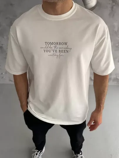 Unisex Bisiklet Yaka Baskılı Oversize T-Shirt - Beyaz - L - Beyaz