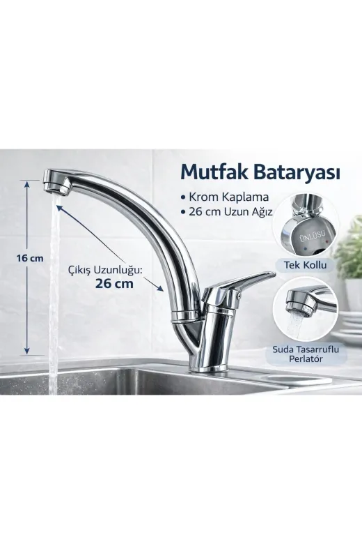 ÜNLÜSU MTB-26CM-KRM Mutfak Bataryası – Tek Kollu Krom