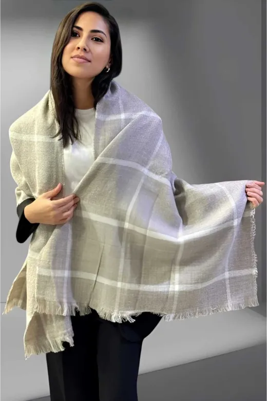 UTŞ152555 Kadın Geniş Çizgili Ekose Desenli Yumaşak Dokulu Omuz Şalı Atkı ( 70Cm X 180Cm )
