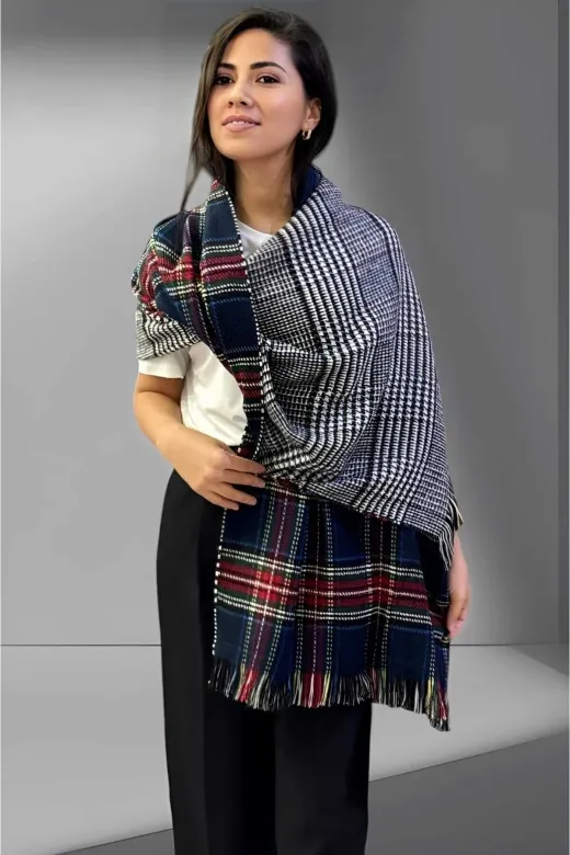 UTŞ152565 Kadın Çift Taraflı Ekose Desenli Yumuşak Omuz Şalı Atkı ( 70Cm X 180Cm )