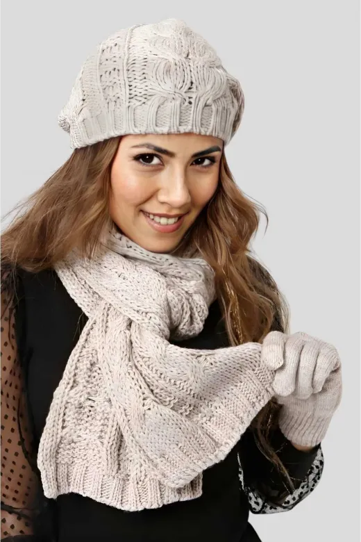 VER004MA Kadın Örgü Triko Atkı Eldiven Bere Takımı 3'lü Set