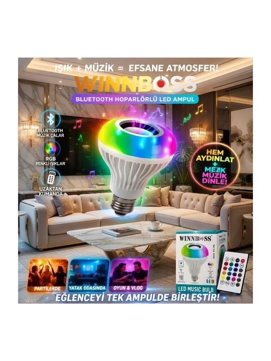 WINNBOSS AS8F4AEF Bluetooth Hoparlörlü Led Ampul | Kumandalı Renkli Işık + Müzik Çalar | Rgb Işık Efektli Akıllı Ampul