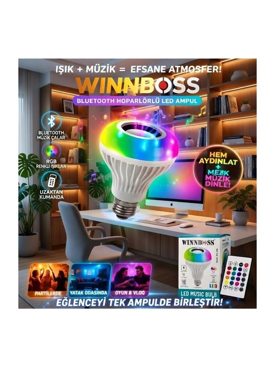 WINNBOSS AS8F4AEF Bluetooth Hoparlörlü Led Ampul | Kumandalı Renkli Işık + Müzik Çalar | Rgb Işık Efektli Akıllı Ampul