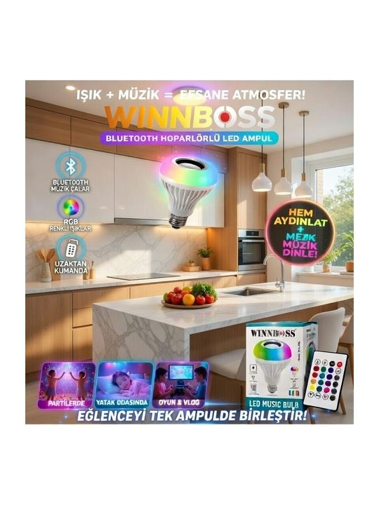 WINNBOSS AS8F4AEF Bluetooth Hoparlörlü Led Ampul | Kumandalı Renkli Işık + Müzik Çalar | Rgb Işık Efektli Akıllı Ampul