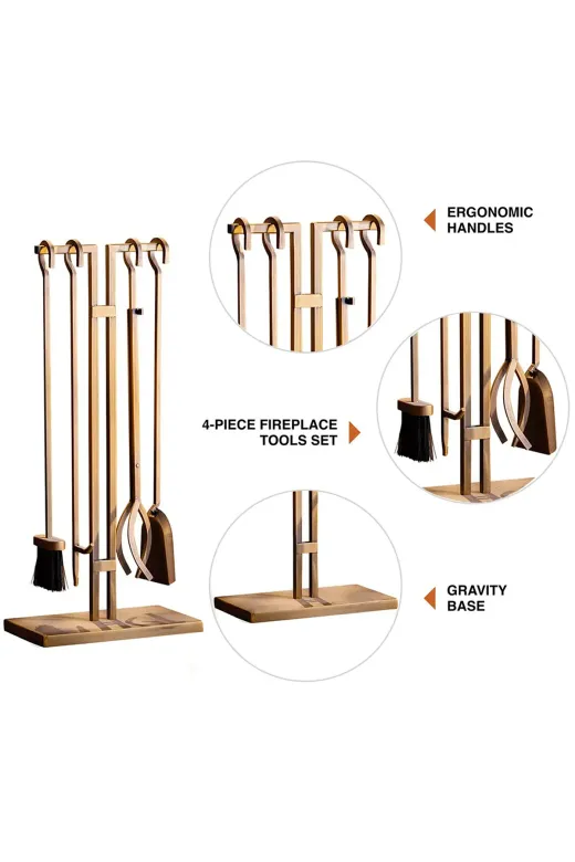 WOODSHUT SGSS-38018GOLD 5 Li İthal Antik Gold Patinalı Şömine - Soba Maşa Takımı Aksesuar Seti