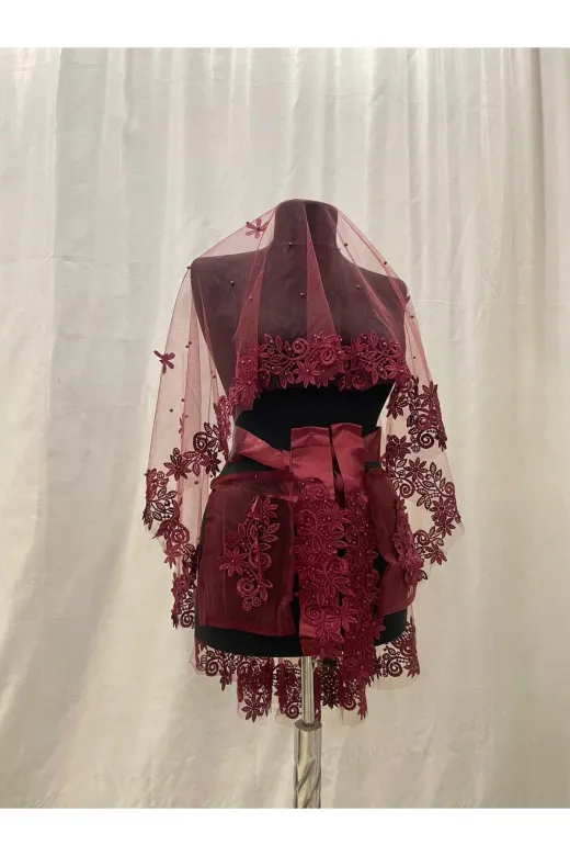 YILDIZMODEL1 Bordo Yıldız İşlemeli, Taşlı Güpürlü Ve İncili Kına Duvağı, Duvak Seti, Kına Örtüsü