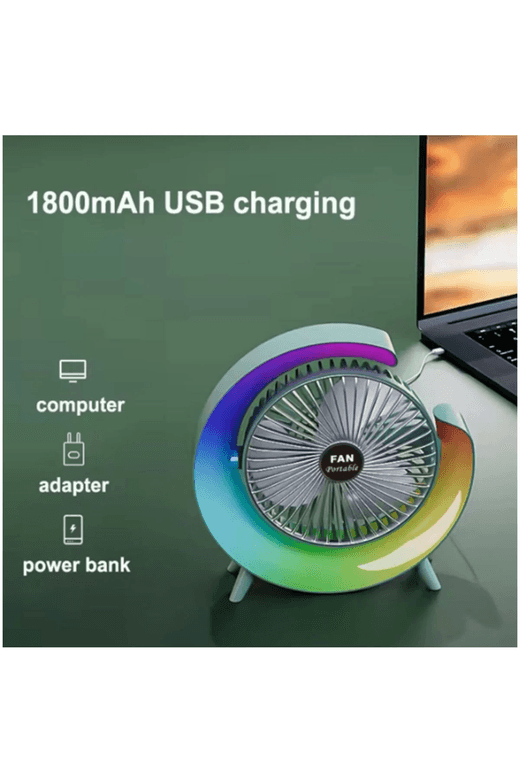 YNT İthalat EM-fan11 Masaüstü Vantilatör Usb Şarjlı Rgb Led Işıklı 3 Kademeli 180° Ayarlanabilir Soğutucu Fan Yeşil