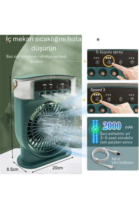 YNT İthalat EM-fanbeyaz Şarjlı 600 Ml Su Hazneli Taşınabilir Masaüstü Vanilatör  Güçlü Fan Ve 2000 Mah Pil Beyaz