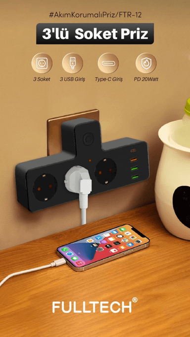 YNT İthalat EM-priz4 Ftr-12 Termal Akım Korumalı Isıya Dayanıklı 3’Lü Priz 3X Usb 1X Type-C