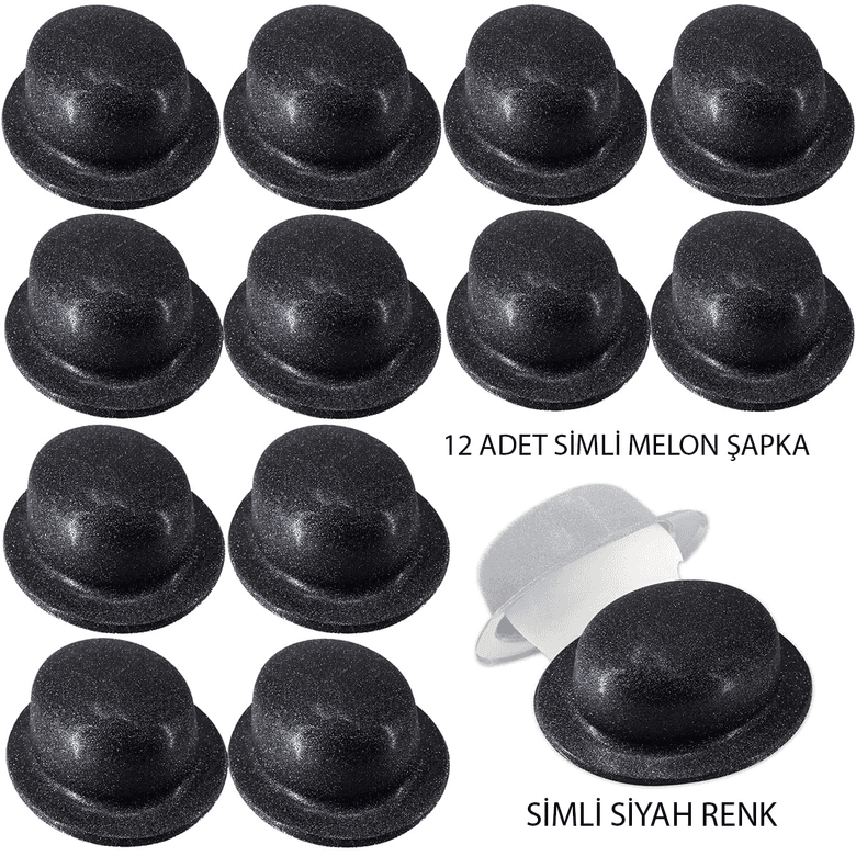 YNT İthalat SM-SMR-D239-12 Siyah Renk Simli Melon Yuvarlak Parti Şapkası 12 Adet