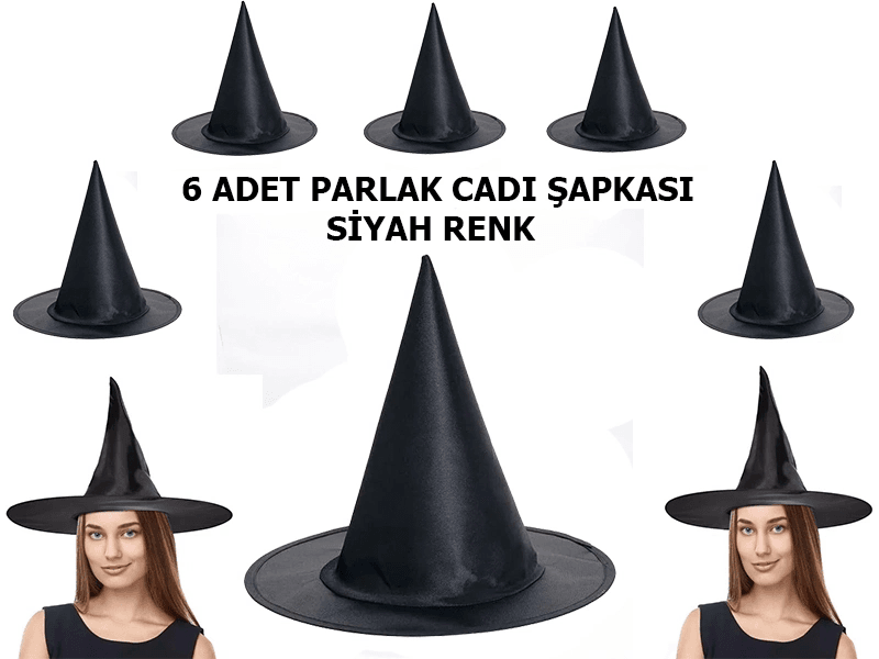 YNT İthalat SM-SMRG148-6 Siyah Renk Parlak Dralon Cadı Şapkası Yetişkin Ve Çocuk Uyumlu 6 Adet