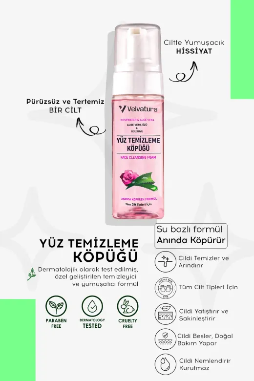 Yüz Temizleme Köpüğü Gül Suyu Ve Aloe Vera Yıkama Köpüğü Canlandırıcı, Ferahlatıcı Etkili 150 ml