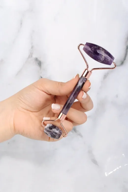 Zümrüt Doğal Taş Official YMSIMG3980 Ametist Doğal Taş Face Roller & Kalp Gua Sha Ikili Yüz Masaj Seti