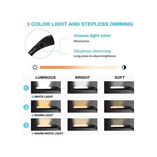 1001 Fırça 128853040 Led Kitap Okuma Işığı Esnek Kitap Boyun Işığı Ayarlanabilir Parlaklık Masa Lambası 3 Renk Okuma Işığı Bükülebilir Kollu Işık Tamir İçin Uygun Gece Koşusu Yürüyüş Type-C Şarj Girişli Kamp Fh8