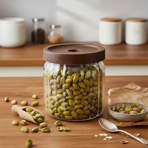 1001 Fırça 57855210124072680184975 Akasya Kapaklı Çizgili Cam Kavanoz 450 Ml Hava Geçirmez, Modern Fitilli Tasarım Gıda Saklama Kabı Baharat, Kuruyemiş, Atıştırmalık Ve Kahve Kavanozu 9X10 Cm 50 X 22