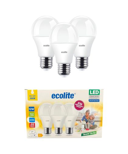 1001Hediye 57855210123864280184975 12W Led Ampul 3&apos Lü Paket 1521 Lümen, 100W Eşdeğer, E27 Duy, 3000K Sarı Işık, Opal Cam,%88 Enerji Tasarrufu, 15000 Saat Ömür