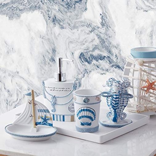 1001Hediye 57855210123870080184975 Collection Dekoratif Güzel Tasarımlar Banyo Dekoru, Reçine, Plaj Yaşamı, 4 Parça Set 000 Açık Krem