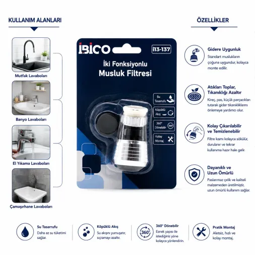 12 ADET MUSLUK UCU FİLTRESİ 2 FONKSİYONLU 360° DERECE DÖNEBİLEN BAŞLIK 16-19MM CAŞLIK ÇAPI (4745)