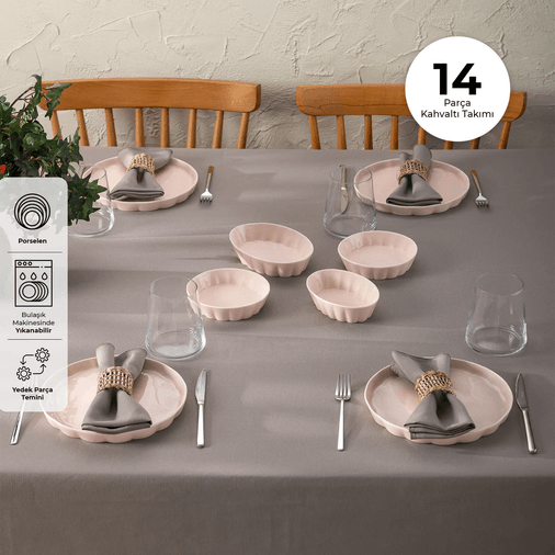 1.499 TL.. Emsan Cozy 14 Parça 6 Kişilik Porselen Kahvaltı Takımı Pembe