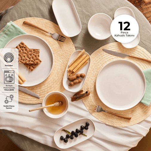1.499 TL Emsan Parla Porselen 12 Parça 6 Kişilik Kahvaltı Takımı Beyaz