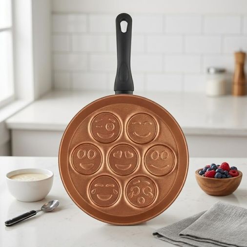 1Atlas 131621737 Redio Emoji Pankek Ve Yumurta Tavası - 7 Bölmeli Gülen Yüz Tasarımlı, Yanmaz Yapışmaz Krep Tavası 28 Cm Bronz