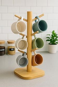 1Birhome 57855210125235180184975 Şık Tezgah Üstü Bambu Fincan Askısı Kupa Askılığı Bardak Askılığı Standı Dekoratif Dezgah Üstü Askı Açık Bej