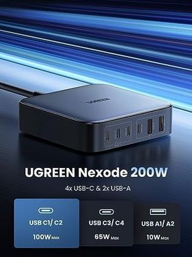 1of12 57855210123646880184975 200W Usb C Şarj Cihazı 100W + 100W 6 Bağlantı Noktalı Pd Şarj Cihazı Gan Iı Pps Macbook Pro/air İphone İpad Pro İle Uyumludur.