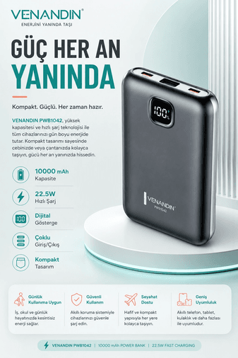 22.5W Hızlı Şarj Özellikli 10000 mAh Kapasiteli Kompakt Powerbank