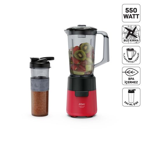2999- Arzum Ar1196 Shake'n Take Megamix Sürahi Blender 550W, 1L Sürahi, 550 Ml Taşınabilir Şişe, Kırmızı