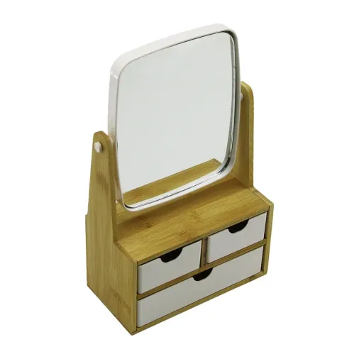 3 ÇEKMECELİ BAMBU AHŞAP STANDLI=9X9.5X18X21.5CM MAKYAJ AYNASI=15X18CM TAKILIK 2+1 ORGANİZER (4745)