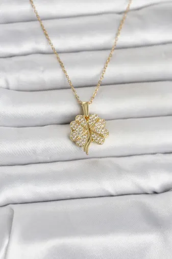 316L Çelik Gold Renk Açılabilir Yonca Model Zirkon Taşlı Kadın Kolye TJ-BKO11048