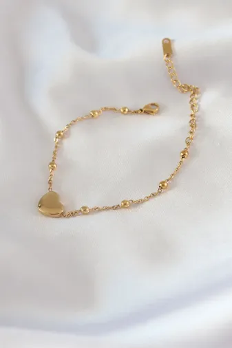 316L Çelik Gold Renk Kalp Model Minimal Top Detay Kadın Bileklik - TJ-BB5434