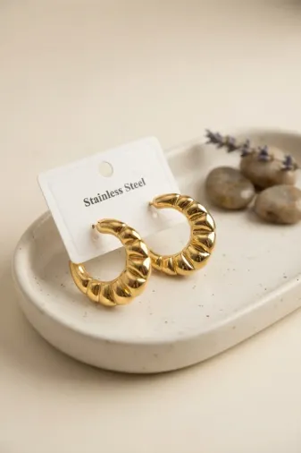 316L Çelik Gold Renk Retro Model Kalın Gövdeli Küpe TJ-BKP12049