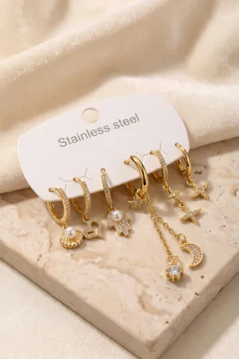316L Çelik Gold Renk Zincir Detaylı Zirkon Taşlı Kadın Küpe Seti TJ-BKP12088