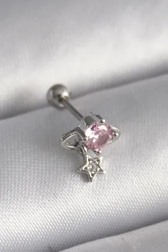 316L Çelik Gümüş Renk Pembe Zirkon Taşlı Sallantı Yıldız Detay Tragus Piercing TJ-PR1237