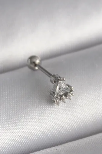 316L Çelik Gümüş Renk Üçgen Zirkon Taşlı Tragus Piercing TJ-PR1239