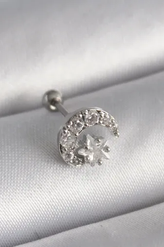 316L Çelik Gümüş Renk Zirkon Taşlı Ay Yıldız Tragus Piercing TJ-PR1257