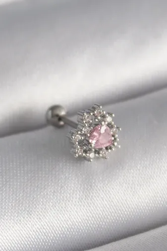 316L Çelik Gümüş Renk Zirkon Taşlı Kalp Tragus Piercing TJ-PR1231