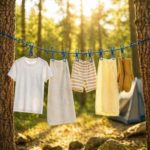 4444 Taş 57855210125041380184975 Seyahat Tipi Portatif Çamaşır İpi, 12 Mandallı Esnek Kamp Askısı, Rüzgara Dayanıklı Kaymaz Balkon Ve Karavan Halatı Açık Ahşap