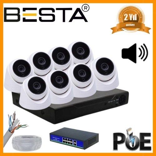 5 MP 1440P 8 İÇ MEKAN KAMERALI DAHİLİ MİKROFONLU IP POE Güvenlik Seti