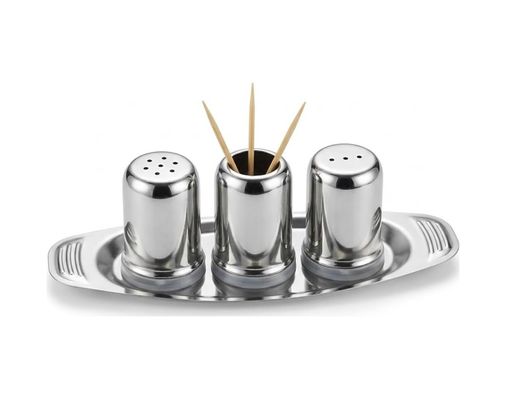 57855210125445680184975 Paslanmaz Çelik Tuzluk Biberlik Ve Kürdanlık Seti Tepsili 3 Lü Masa Üstü Baharatlık Seti Restoran, Kafe Ve Ev Kullanımı İçin Modern Baharat Organizeri Acı Kahverengi
