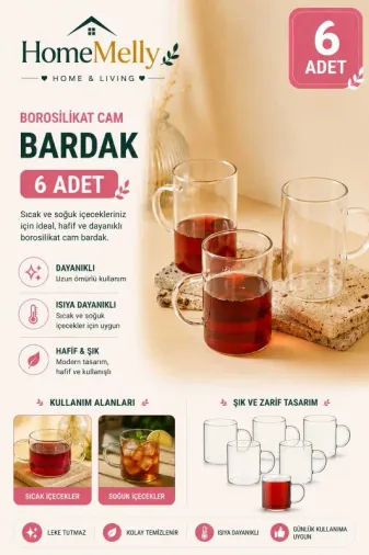 6 Adet Borosilikat Isıya Dayanıklı Kupa Cam Bardak