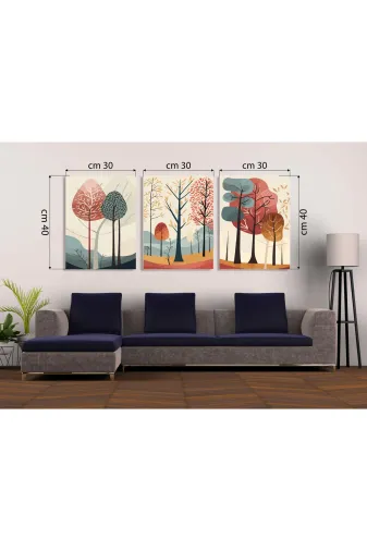 8748764800s2096 Modern Soyut Ağaç Manzarası 3'lü Mdf Tablo Seti | İskandinav & Sonbahar Temalı | Delmeden Montaj