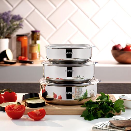 ₺999,00 Schafer Practi 3 Lü Çelik Saklama Kabı (16-18-20 Cm) 6 Parça-Inox