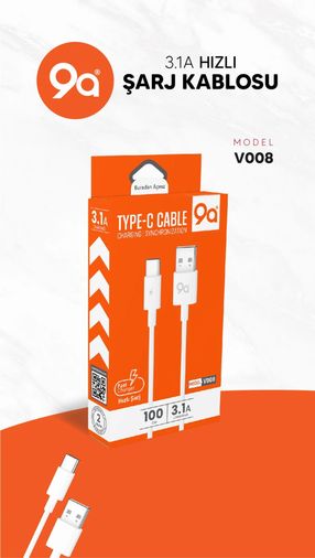 9A Type-C V008 2.1A 100 Cm Şarj Ve Data Kablosu