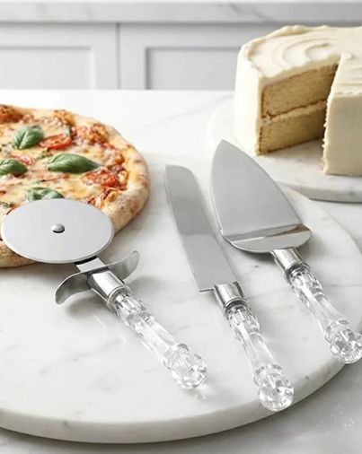 Aa Plastik 131622398 3Lü Görünümlü Saplı Çelik Servis Seti Pizza Kesici Kek Bıçağı Pasta Spatulası