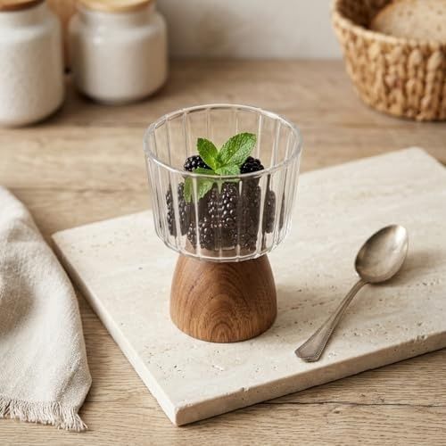 Aa Plastik 131622874 Doğal Akasya Ahşap Ayaklı Borosilikat Cam Sunumluk - Çerezlik, Dondurmalık Ve Tatlı Kasesi 10X9X6 Cm, 1 Adet, Küçük