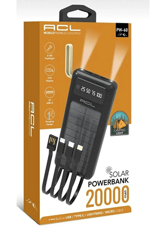 Acl Pw-60 20.000Mah Güneş Enerjili Taşınabilir Powerbank | Usb-C & Lightning & Micro Usb