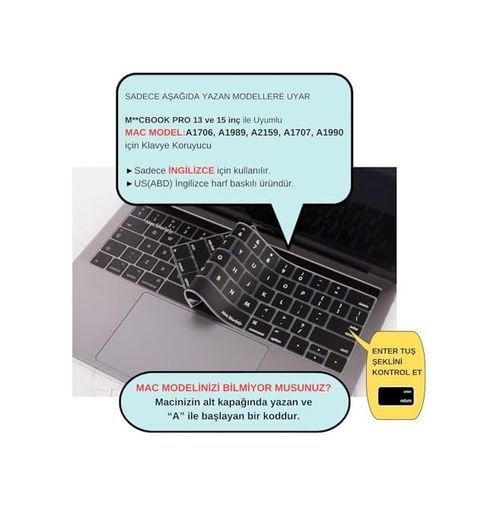 Aebo 131612259 Us İngilizce Klavye Koruyucu Macbook Pro 13 15 Touch Bar Uyumlu A1706 A1989 A2159 A1707 A1990 Amerikan Düz Enter Ansı Silikon Keyboard Cover Siyah